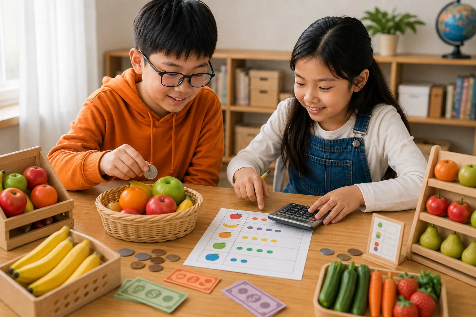 兩位小學生在模擬市集進行金錢計算的真人感教室照片