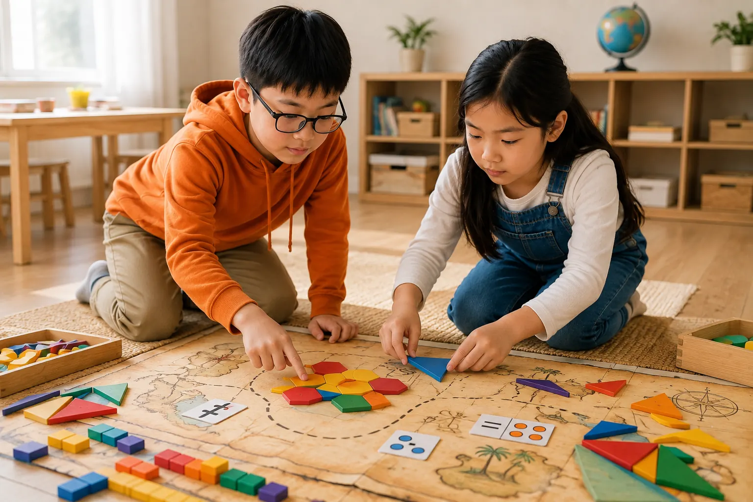 兩位小學生透過拼圖與數學遊戲探索圖形的真人感教室照片