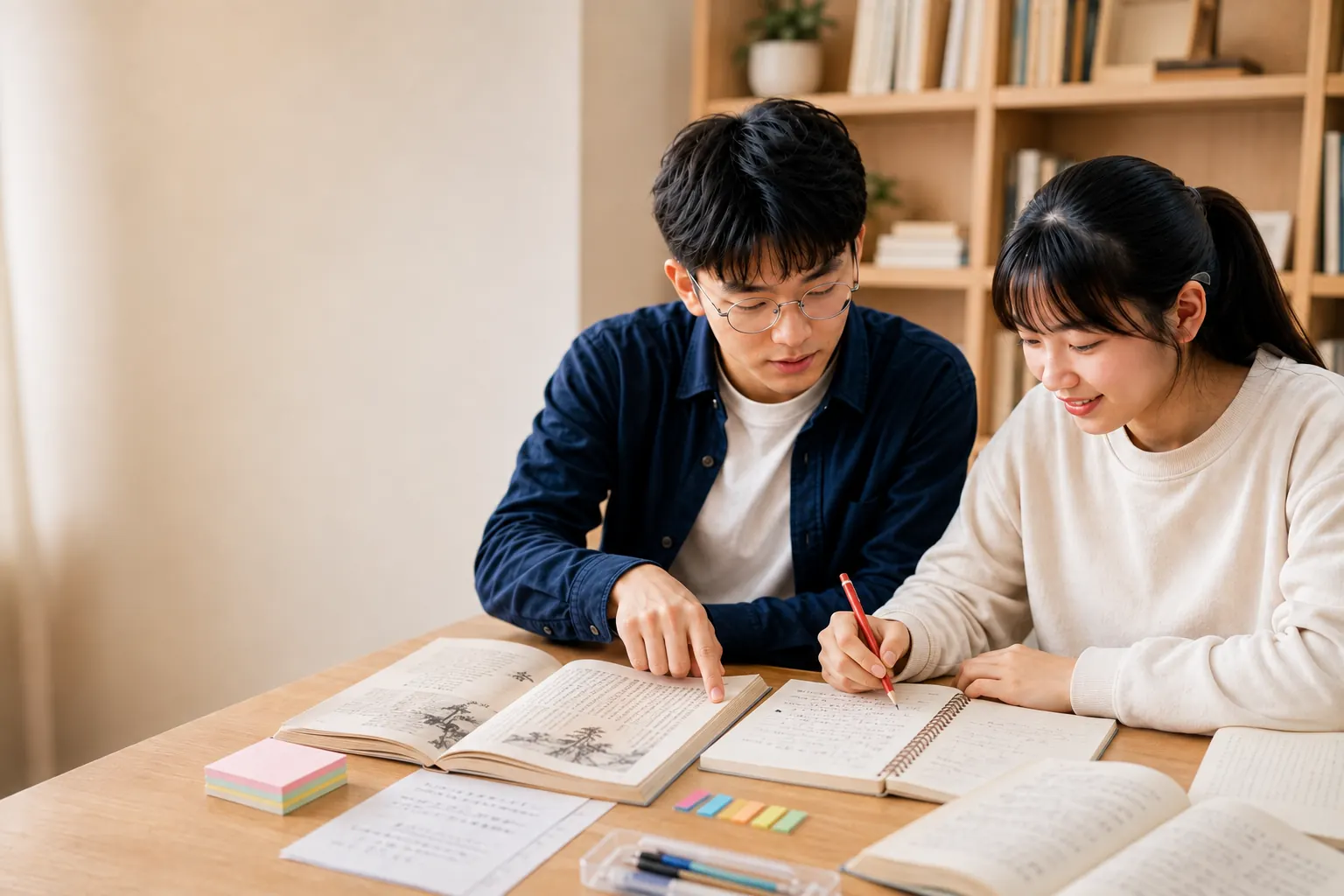 兩位 14 至 15 歲學生閱讀文本與整理筆記的真人感教室照片