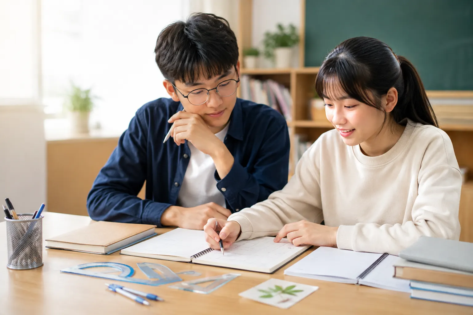 兩位 14 至 15 歲學生規畫國一先修數學與自然學習的真人感教室照片