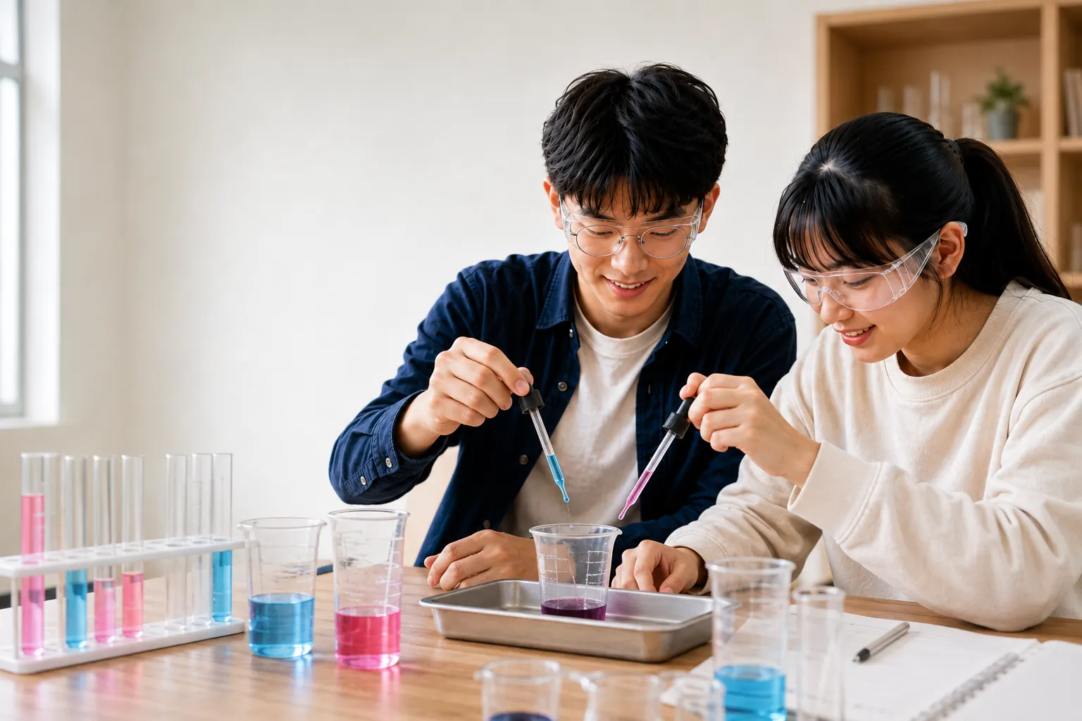 兩位 14 至 15 歲學生戴著護目鏡進行科學實驗的真人感教室照片